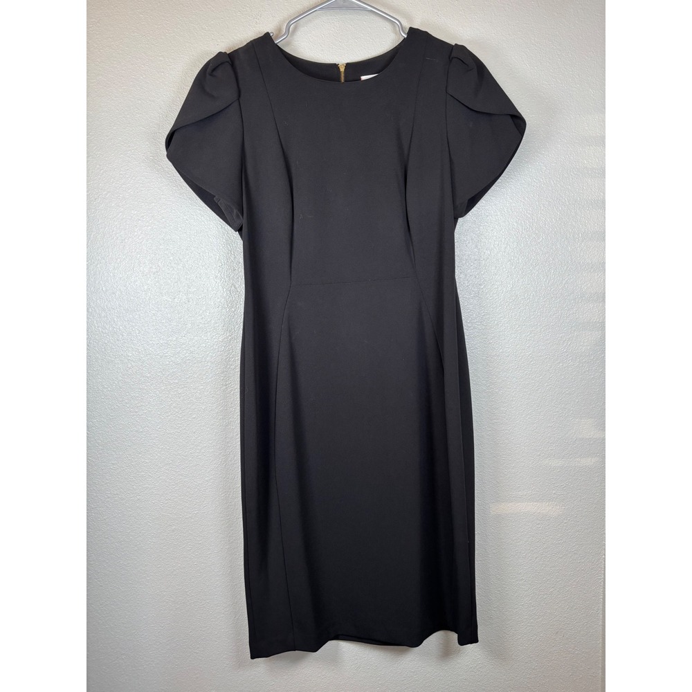 Calvin Klein Sheath Dress Women's Black Stretch Tulip Sleeve‎ Back Zip Size 10